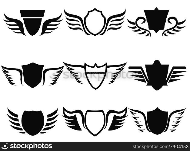 isolated black shield wings icon on white background