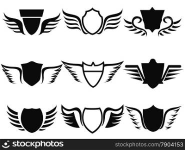 isolated black shield wings icon on white background