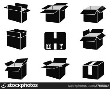 isolated black shipping box icons from white background