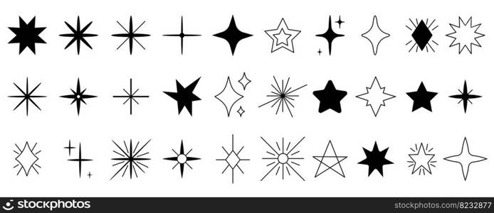 Isolated black stars icons different silhouettes. Shine modern star shapes, doodle starring symbols. Twinkle decorative decent sky vector elements set of star shine silhouette illustration. Isolated black stars icons different silhouettes. Shine modern star shapes, doodle starring symbols. Twinkle decorative decent sky vector elements set