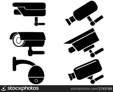 isolated black surveillance security camera icons set from white background
