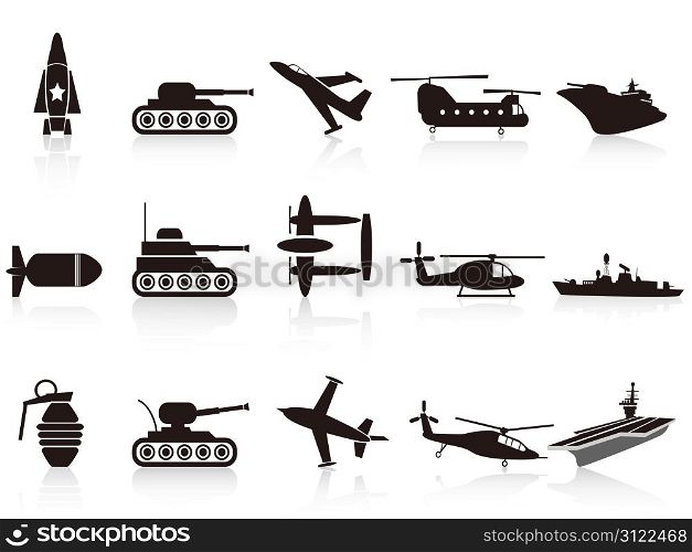 isolated black war weapon icons set on white background