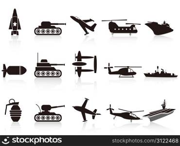 isolated black war weapon icons set on white background