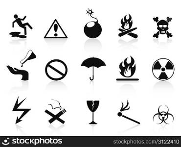 isolated black warning icons set on white background