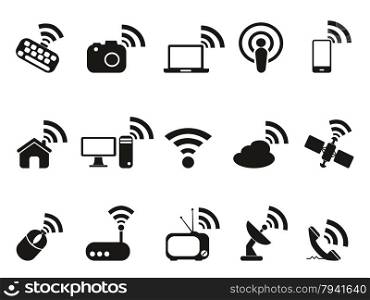 isolated black wireless technology icons set from white background