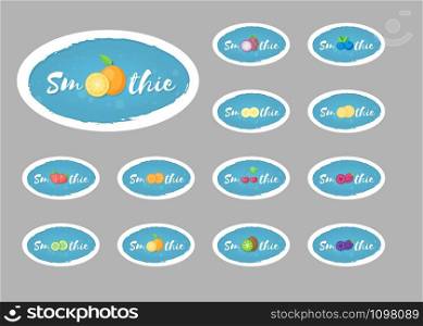 Isolated blue label set smoothie fruit shake vector illustration. Hand drawn sign Smoothie on blue background in white frame on smoothies drink cocktail sticker for shop decoration design. Isolated blue label set smoothie fruit shake art