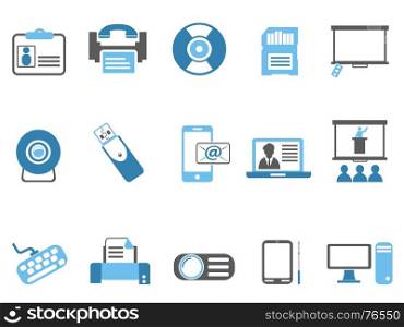isolated blue office technology icons set from white background