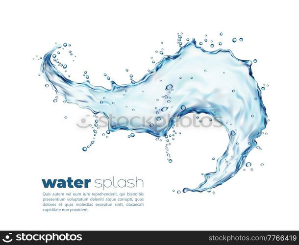 Isolated blue water wave splash with splatters. Clean vector liquid 3d flow with drops, transparent splashing aqua dynamic motion with spray droplets. Realistic fresh drink, hydration. Isolated blue water wave splash with splatters