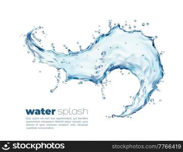 Isolated blue water wave splash with splatters. Clean vector liquid 3d flow with drops, transparent splashing aqua dynamic motion with spray droplets. Realistic fresh drink, hydration. Isolated blue water wave splash with splatters