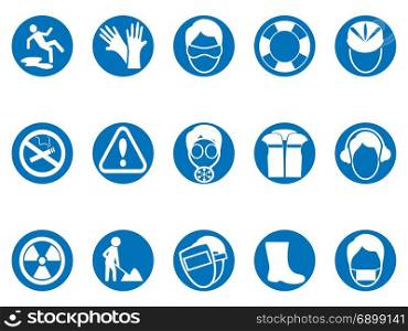 isolated blue work safety round button icons set from white background