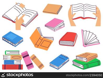 Isolated books and notebooks. Bookstore, book pile and paper for notes. Diary icon, textbook for study. Library, reading and education vector set. Illustration of education textbook for bookstore. Isolated books and notebooks. Bookstore, book pile and paper for notes. Diary icon, textbook for study. Library, reading and education decent vector set