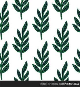 Isolated botanic seamless pattern with green leaf branches silhouettes. White background. Simple backdrop. Decorative backdrop for fabric design, textile print, wrapping, cover. Vector illustration.. Isolated botanic seamless pattern with green leaf branches silhouettes. White background. Simple backdrop.