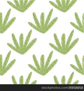 Isolated botanic seamless pattern with green leaf doodle shapes. White background. Cartoon backdrop. Decorative backdrop for fabric design, textile print, wrapping, cover. Vector illustration. Isolated botanic seamless pattern with green leaf doodle shapes. White background. Cartoon backdrop.