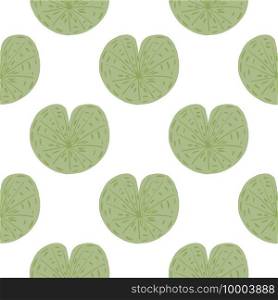 Isolated botany seamless pattern with doodle light green lily water ornament. Whita background. Simple style. Designed for fabric design, textile print, wrapping, cover. Vector illustration. Isolated botany seamless pattern with doodle light green lily water ornament. Whita background. Simple style.