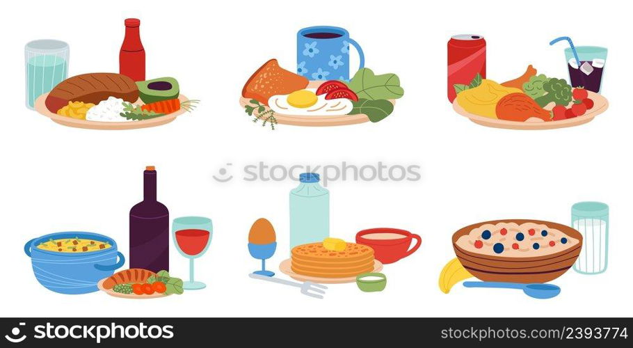 Isolated breakfast and lunch. Vegan food, dinner meal. Morning and evening dishes, brunch healthy omelette. Tasty cafe menu with pancakes, decent vector set. Illustration of food lunch meal. Isolated breakfast and lunch. Vegan food, dinner meal. Morning and evening dishes, brunch healthy omelette. Tasty cafe menu with pancakes, decent vector set