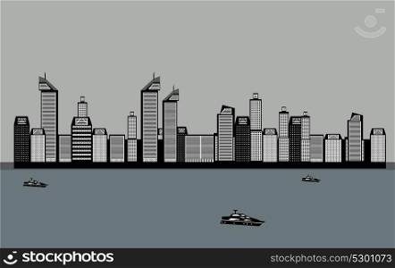Isolated Buildings of the City, Sea, Boat. Vector Illustration EPS10. Isolated Buildings of the City, Sea, Boat. Vector Illustration