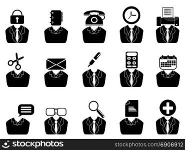 isolated business people with office tools icons set from white background