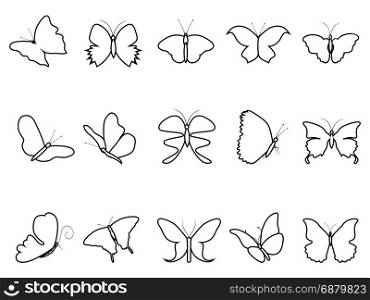 isolated butterfly outline icons set on white background