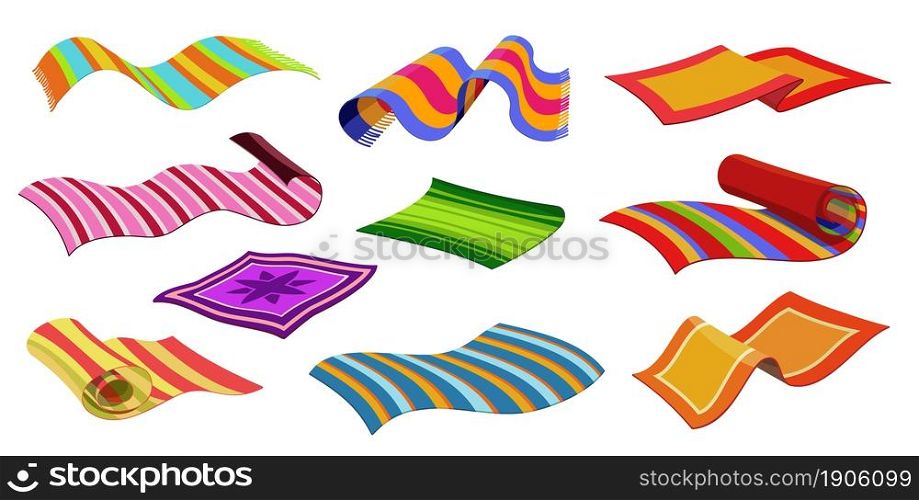 Isolated carpets, beach or cloth mats, floor rugs with striped pattern, vector. Home interior carpets, beach blankets or bath towels, plaid and rag deck rolls with stripes ornament pattern. Carpets, beach cloth mats, floor rugs and blankets