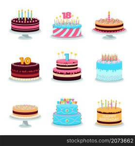Isolated cartoon cake. Birthday cakes, decorated cute congratulations desserts. Delicious color surprise with candles, sweets recent vector set. Illustration cake deliciou with cream. Isolated cartoon cake. Birthday cakes, decorated cute congratulations desserts. Delicious color surprise with candles, sweets recent vector set
