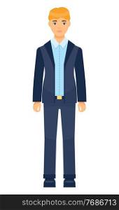 Isolated cartoon character businessman wearing stylish blue suit and tie. Man in jacket and trousers, blue shirt. Business person style. Dresscode of office worker. Blond-haired guy, cloth element. Isolated cartoon character, office worker, man in suit with blue tie, dresscode of office worker