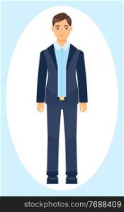 Isolated cartoon character businessman wearing stylish blue suit and tie. Man in jacket and trousers, blue shirt. Business person style. Dresscode of office worker. Brown-haired guy, cloth element. Isolated cartoon character, office worker, man in suit with blue tie, dresscode of office worker