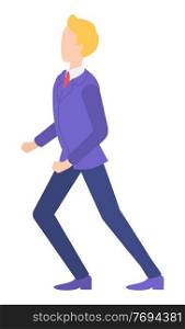 Isolated cartoon character businessman wearing stylish sweater, bow tie, blue trousers. Business person style. Dresscode of office worker. Blonde guy, cloth element, walking in side, hurry up. Cartoon character businessman wearing stylish sweater, bow tie, blue trousers, business person style
