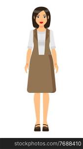 Isolated cartoon character businesswoman wearing stylish brown dress, blouse, shoes. Business lady style. Dresscode of office worker. Brown-haired girl with red lips and bob hairstyle. Simple portrait. Pretty girl wearing elegant vest, skirt and blouse, office suit, dress, dresscode of office worker