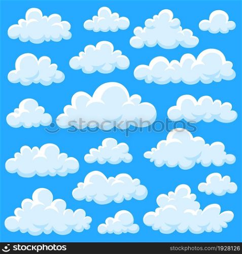Isolated cartoon clouds. White fluffy cloud, heaven graphics design elements. Forecast, comic smoke shapes. Aerial summer spring garish vector set. Illustration of cloud white weather in sky. Isolated cartoon clouds. White fluffy cloud, heaven graphics design elements. Forecast, comic smoke shapes. Aerial summer spring garish vector set