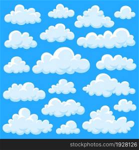 Isolated cartoon clouds. White fluffy cloud, heaven graphics design elements. Forecast, comic smoke shapes. Aerial summer spring garish vector set. Illustration of cloud white weather in sky. Isolated cartoon clouds. White fluffy cloud, heaven graphics design elements. Forecast, comic smoke shapes. Aerial summer spring garish vector set