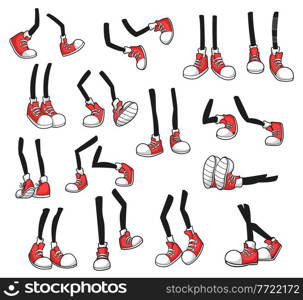 Isolated cartoon legs, comic foot in red sport shoes. Vector stick feet in sneakers walk, stand and jump, run, lying, fall down. Isolated leg, foot body parts front, side, rear view, limb in footwear. Isolated cartoon legs, comic foot in sport shoes