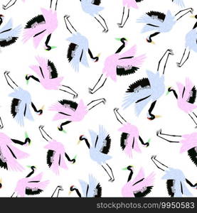 Isolated cartoon seamless decorative pattern with light pink and blue crane birds print. White background. Designed for fabric design, textile print, wrapping, cover. Vector illustration.. Isolated cartoon seamless decorative pattern with light pink and blue crane birds print. White background.