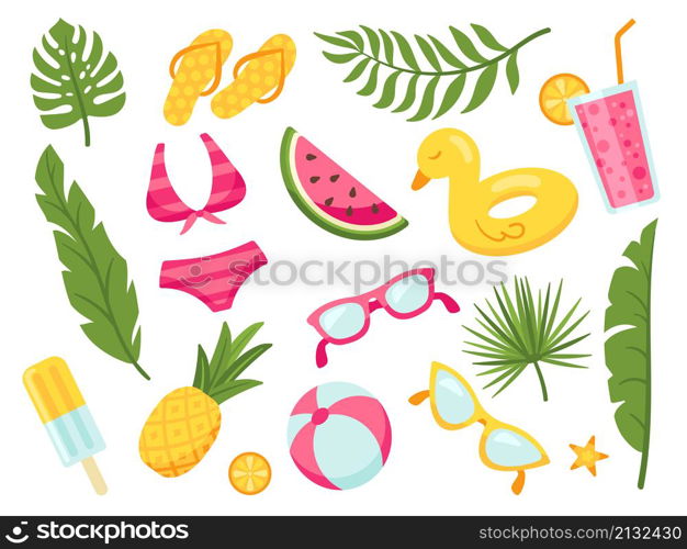 Isolated cartoon summer elements. Beach objects, pool party tropical collection. Seaside accessories, swimwear, sunglasses and cocktails neat vector set on white. Isolated cartoon summer elements. Beach objects, pool party tropical collection. Seaside accessories, swimwear, sunglasses and cocktails neat vector set