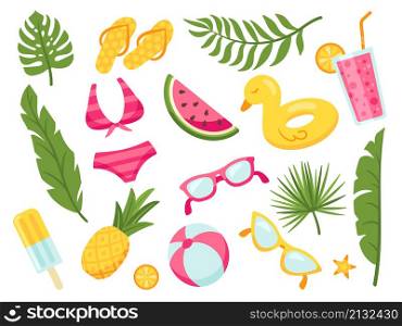 Isolated cartoon summer elements. Beach objects, pool party tropical collection. Seaside accessories, swimwear, sunglasses and cocktails neat vector set on white. Isolated cartoon summer elements. Beach objects, pool party tropical collection. Seaside accessories, swimwear, sunglasses and cocktails neat vector set