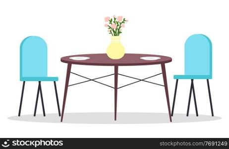 Isolated chairs, table with flower in vase and two food plates at white background. Modern stylish furniture for home, restaurant or cafe. Cozy place for rest, sitting, eat. Comfortable place. Chairs, table with flower in vase and two food plates at white background, modern furniture for cafe