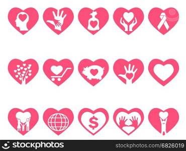 isolated charity icons set in red heart from white background