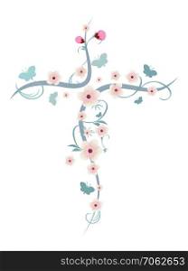 Isolated christian cross with flower and butterflies