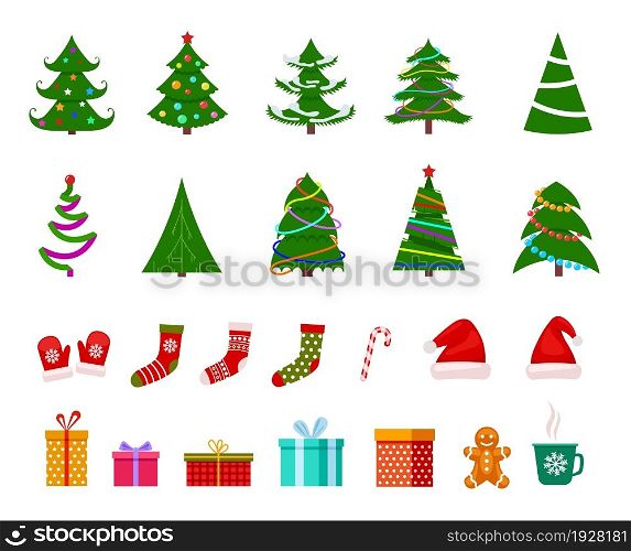Isolated christmas flat elements. Xmas baubles, new year decoration. Vintage toys, gift boxes and socks. Decorative holiday vector green tree icons. Illustration of christmas tree, holiday xmas green. Isolated christmas flat elements. Xmas baubles, new year decoration. Vintage toys, gift boxes and socks. Decorative holiday exact vector green tree icons