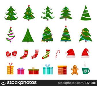 Isolated christmas flat elements. Xmas baubles, new year decoration. Vintage toys, gift boxes and socks. Decorative holiday vector green tree icons. Illustration of christmas tree, holiday xmas green. Isolated christmas flat elements. Xmas baubles, new year decoration. Vintage toys, gift boxes and socks. Decorative holiday exact vector green tree icons