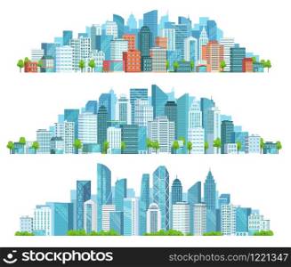 Isolated cityscape. City street, abstract urban and horizontal town landscape panorama cartoon vector illustration set. Panoramic views of downtown, district with modern buildings and skyscrapers.. Isolated cityscape. City street, abstract urban and horizontal town landscape panorama cartoon vector illustration set