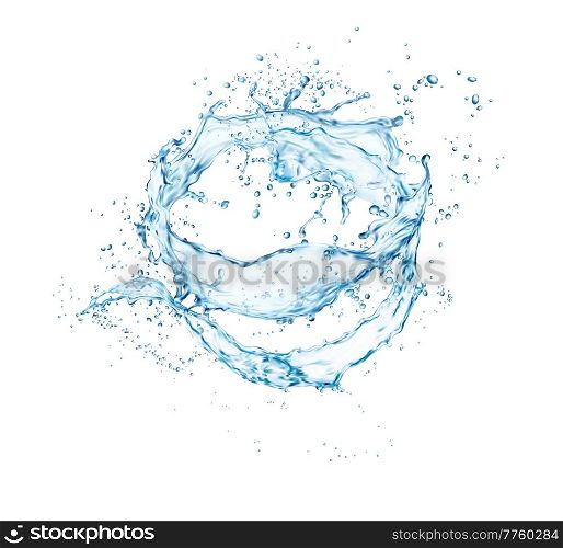 Isolated clean blue water wave swirl splash with splatters. Purity or energy concept. Realistic vector clear water splash falling drops frozen motion. Translucent aqua flow swirl splatters. Isolated clean blue water wave swirl splash