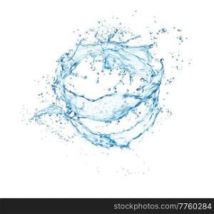 Isolated clean blue water wave swirl splash with splatters. Purity or energy concept. Realistic vector clear water splash falling drops frozen motion. Translucent aqua flow swirl splatters. Isolated clean blue water wave swirl splash
