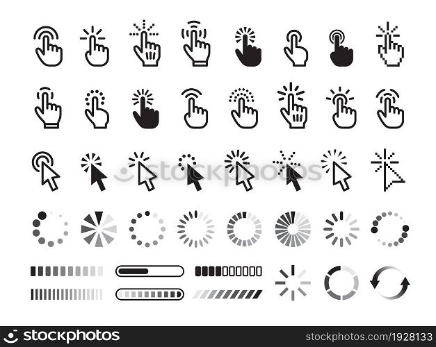 Isolated click icons. Hands symbols, selection pointer sign. Tap link, web indicator. Pick direction arrows, finger clicked vector computer set. Illustration of pointer click button, point hand arrow. Isolated click icons. Hands symbols, selection pointer sign. Tap link, loading web indicator. Pick direction arrows, finger clicked tidy vector computer set