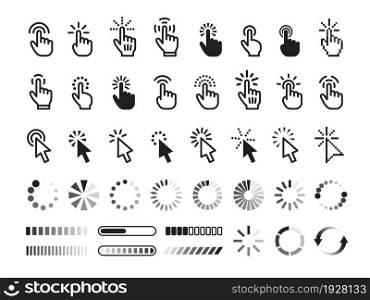 Isolated click icons. Hands symbols, selection pointer sign. Tap link, web indicator. Pick direction arrows, finger clicked vector computer set. Illustration of pointer click button, point hand arrow. Isolated click icons. Hands symbols, selection pointer sign. Tap link, loading web indicator. Pick direction arrows, finger clicked tidy vector computer set