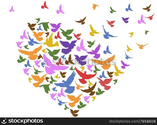 isolated color birds flying with heart from white background