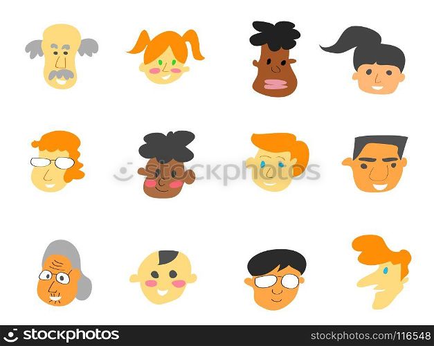 isolated color cartoon people face icons set on white background