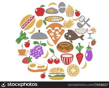 isolated color food icons in circle set from white background