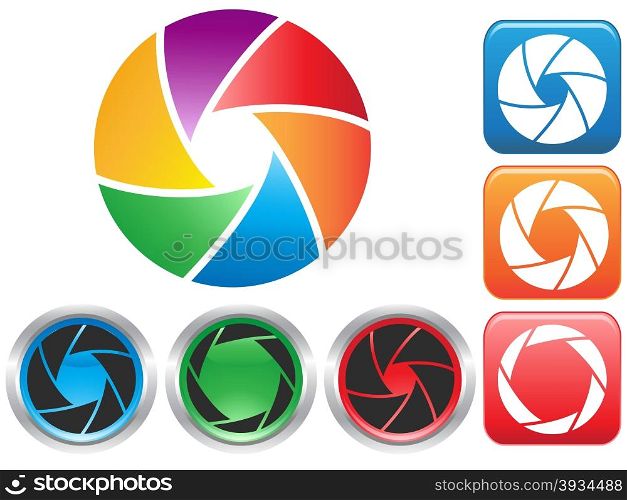 isolated colorful Camera shutter aperture symbol buttons icons on white background