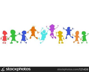 isolated colorful doodle happy kids in a row on white background 