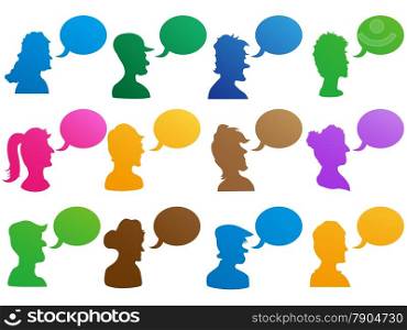 isolated colorful human head with speech bubble icons set on white background